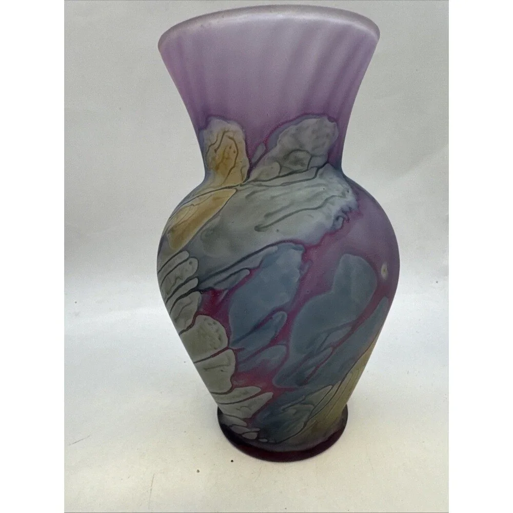 Rueven Nouveau Art Glass Frosted Hand Watercolor Painted Glass Vase Satin Matte